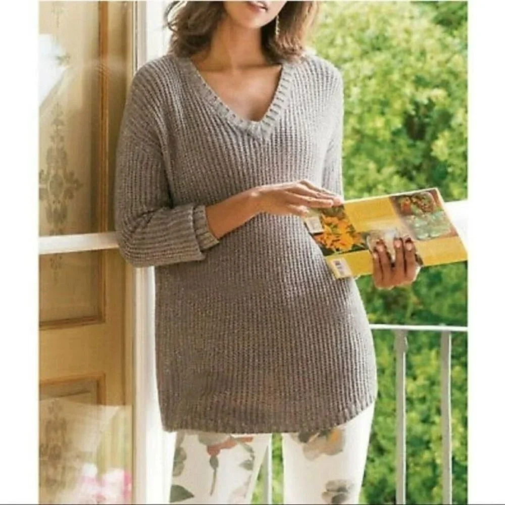 SOFT SURROUNDINGS Sweater Size Large Brown V-Neck Open Knit Oversized Boyfriend
